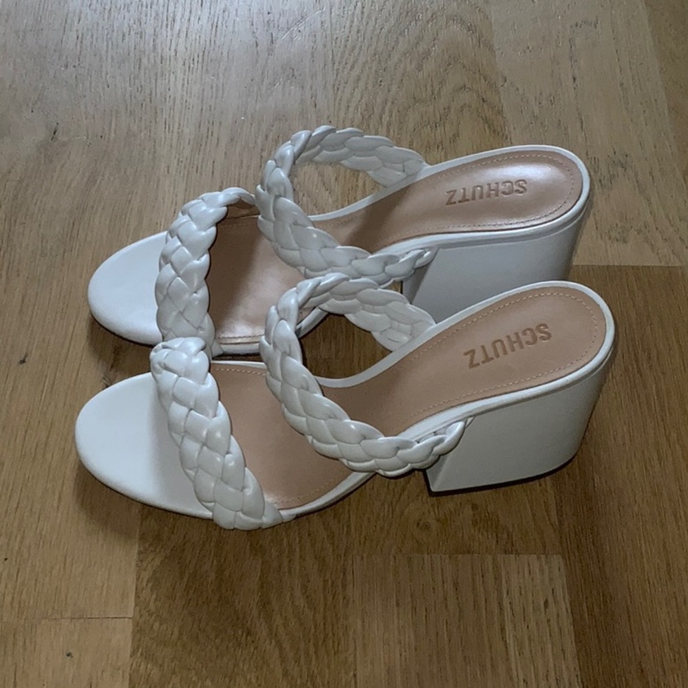 Brand New - never worn Schutz White Braided Sandal with Sculptural heel SZ 10.5